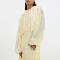 Robe de soirée élégante jaune style français, froncée, taille basse, coupe droite simple, col rond, personnalisable, faible MOQ, OEM/ODM, collection 2026