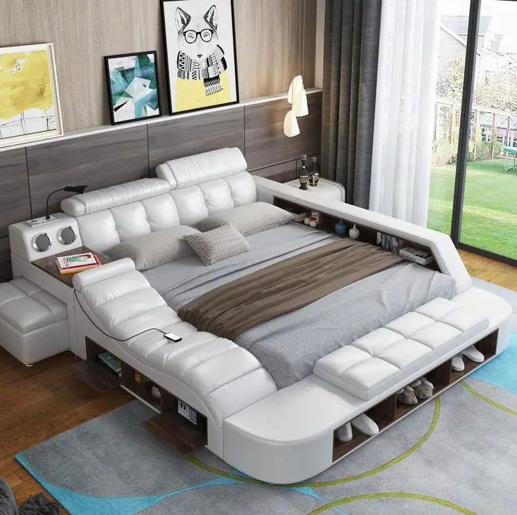 Luxo mobília do quarto moderno de armazenamento multifuncional tecido de couro mensagem tatami camas king size de madeira