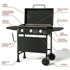 Miire Portable Pliable Extérieur 3 Brûleurs Plaque <span class=keywords><strong>Plancha</strong></span> Propane Gaz Plat Top Grill avec Couvercle et Roues <span class=keywords><strong>pour</strong></span> Patio Jardin - Product Image 3
