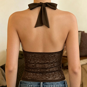 Top de Tirantes para Mujer, Color Marrón, con Cuello Halter, Lazos, Estampado Floral, Transparente, Sexy, Espalda Descubierta, para Fiesta o Club - Product Image 6