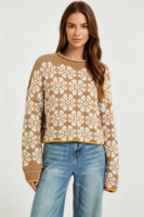 Pull en tricot jacquard pour femmes, col rond à manches longues, pull court, haut en tricot géométrique vintage personnalisé pour femmes OEM ODM