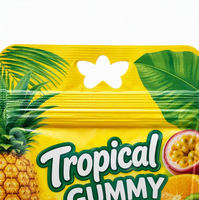 Groothandel op maat bedrukte 3-zijdig gesealde snoepzak met ritssluiting en ophanggat, verpakking voor tropische fruitgummy's, 50g 100g