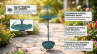 Pied de jardin en métal robuste, vert antique, écologique, style Art Déco, avec bassin pour oiseaux, lumière solaire, aiguille solaire et base de jardinière