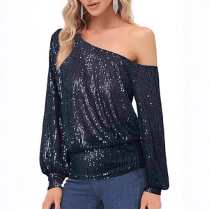 One-Shoulder <b>Sequin</b> <b>Top</b> Long Sleeve Off Shoulder Blouse Women Party Dress Shirt Silver Black Red Purple Gold White Pink A-Line - Product Image 3