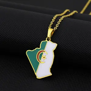 Manufacturer Stainless Steel Silver 18K Real Gold Plated Enameled Algeria Flag Charm Necklace Algeria Map Pendant Chain Necklace