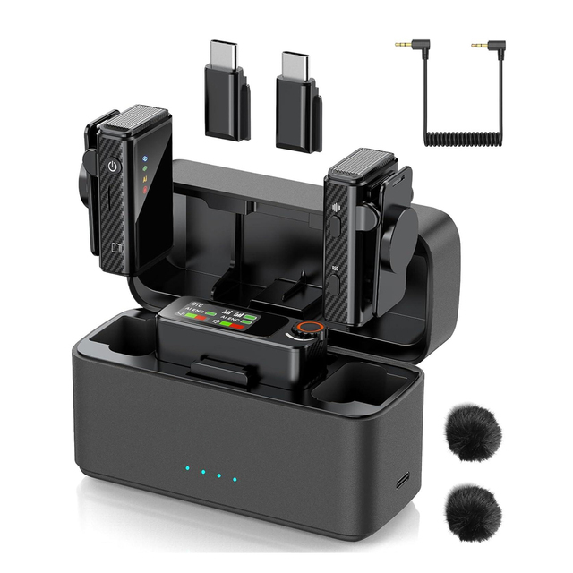 Lavaliere Microphone Wireless for Iphone/Android Ai Noise Canceling Clip-On Mic With Charging Case Magnetic Dual Micr for Phone