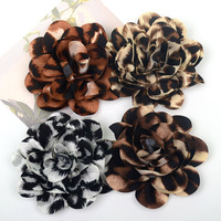Broche fleurie plissée en satin de mousseline imprimé léopard vintage de 10 cm pour embellissement professionnel de chapeaux, manteaux et robes
