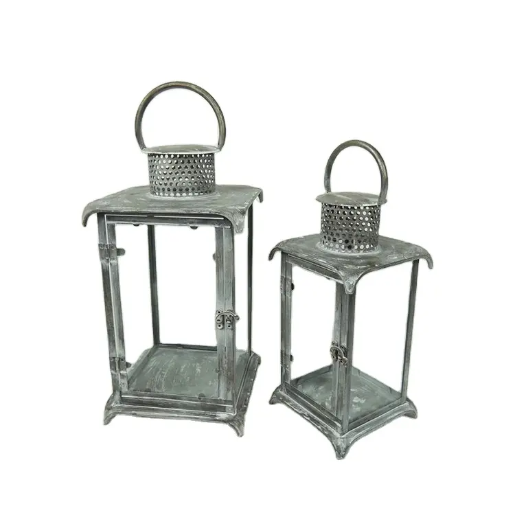 Set 2 Square Decoration Hanging Antique Galvanized Metal And Glass Lantern Candle Holder