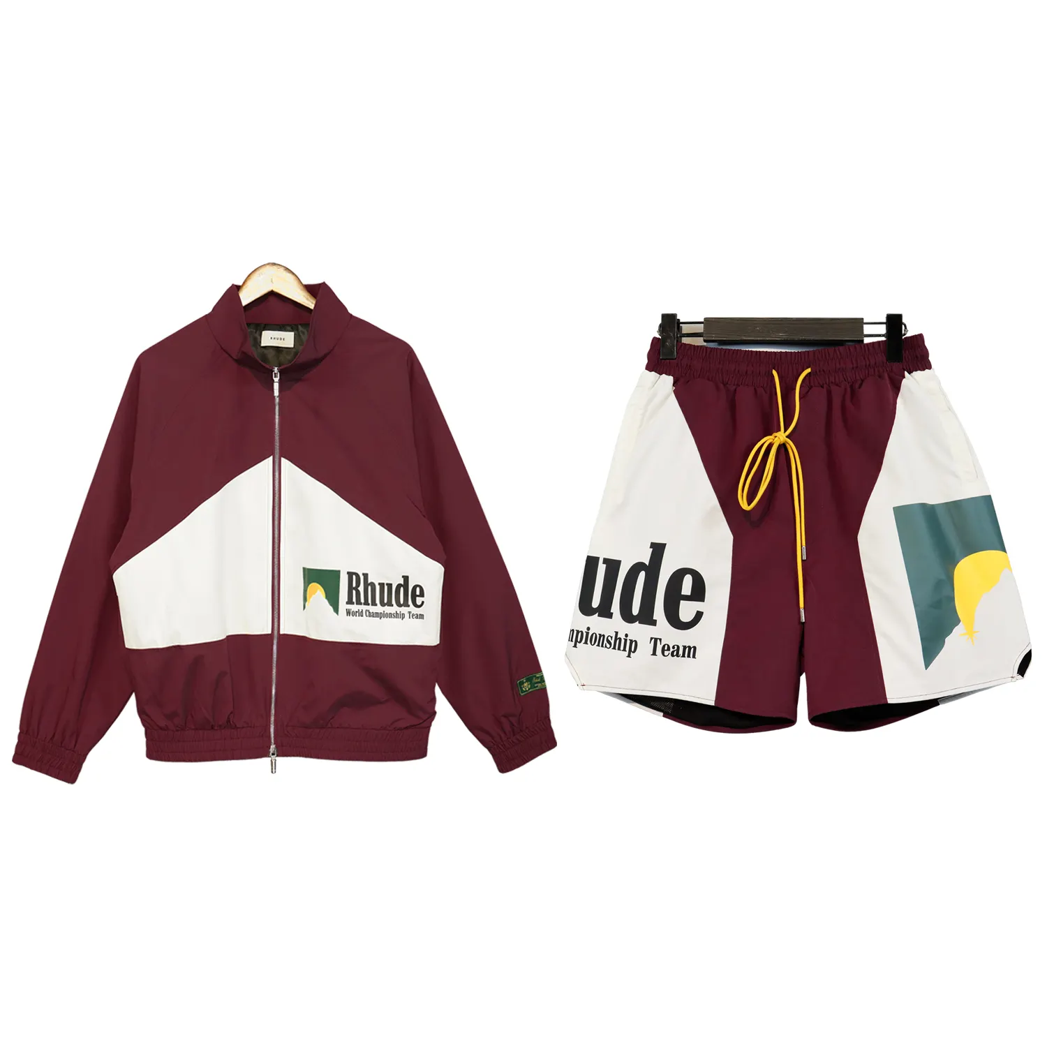 RHUDE American small fashion retro patchwork pill zipper logo print short casual sports suit for men and women