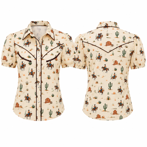 Country Western <b>Shirts</b> <b>For</b> <b>Women</b> <b>Cowboy</b> Print Short Sleeve Piped Yoke Pearl Snap Casual Rodeo Cowgirl Blouse - Product Image 2