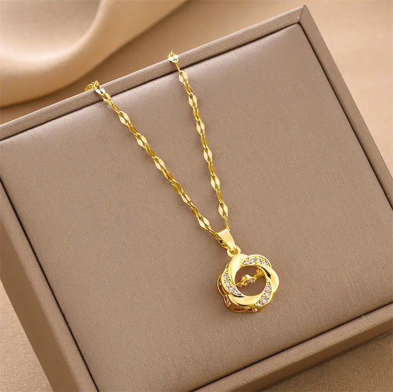 Fashion Crystal Flower Shape Women Rose Gold Plated Stainless Steel Delicate CZ Stone Dancing Beating Heart Necklace