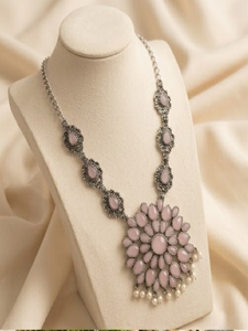 Collar DIVYORO con motivo de pétalos, piedra color rubor, plata oxidada, joyería tradicional tribal bohemia para mujer, para bodas y fiestas - Product Image 2