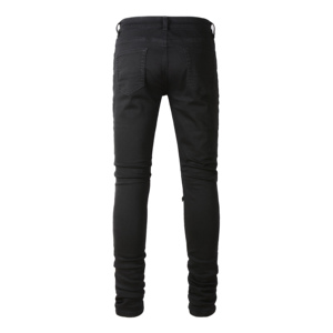Jeans da <span class=keywords><strong>Uomo</strong></span> di Alta Qualità Firmati <span class=keywords><strong>Slim</strong></span> <span class=keywords><strong>Fit</strong></span> con Graffi e Strappi Toppa Nera Stile Vintage Hip Hop all'Ingrosso - Product Image 3