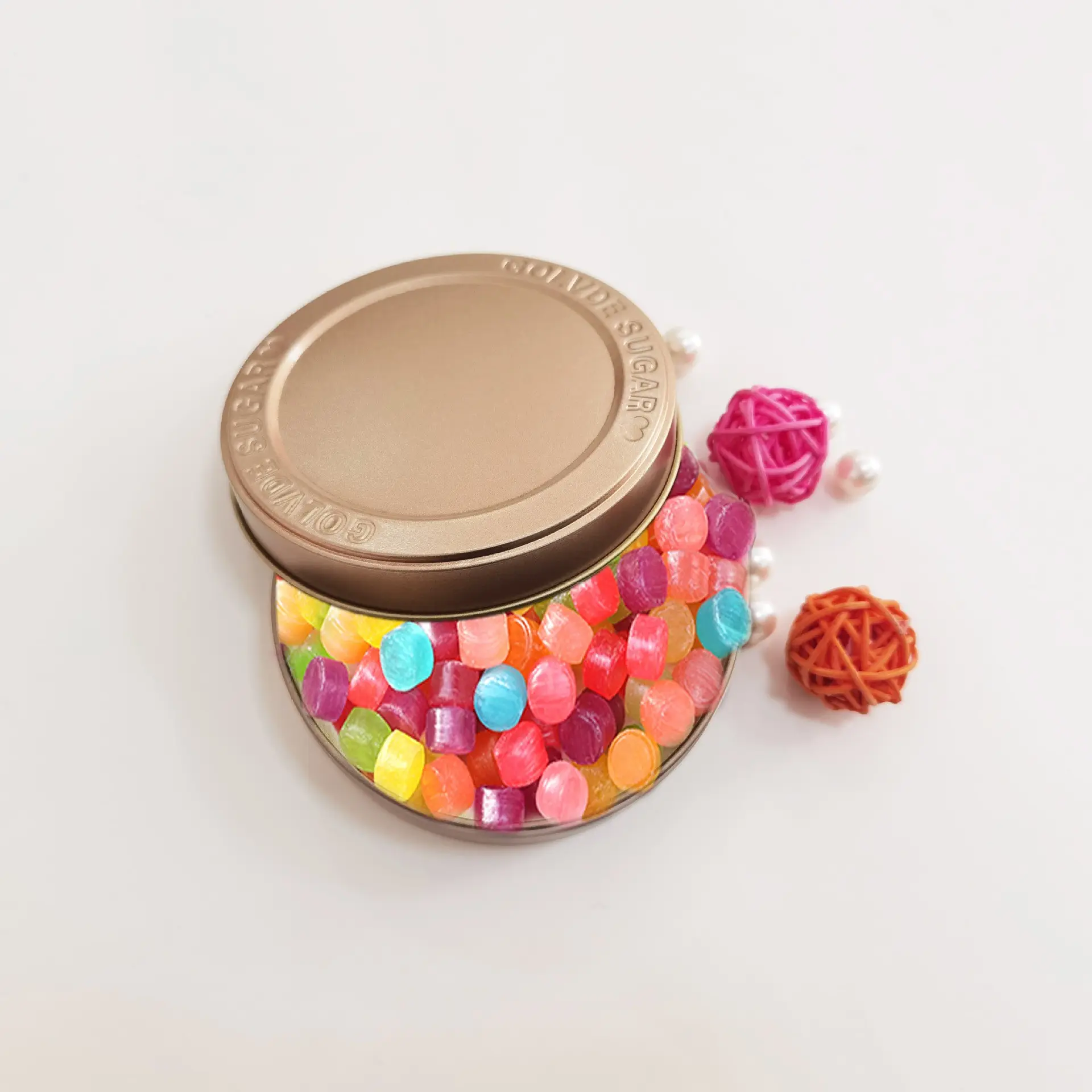 Caja de lata de caramelo dorada redonda en stock al por mayor, caja de lata vacía para chocolate y dulces u otra caja de almacenamiento pequeña