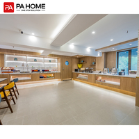 Projet de cuisine d'hôtel écologique clé en main PA, buffet en bois, construction en MDF, portes en verre, rangement complémentaire