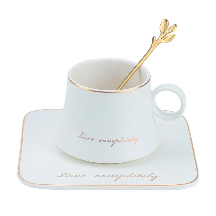 Joinste-화이트 도자기 커피 컵과 접시 세트, 250ml 세라믹 커피 컵과 황금 인쇄 접시