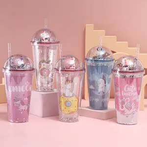 Double Wall Plastic Tumblers with Lids and Straws Reusable Unicorn Plastic Coffee Cup Led Light Cup