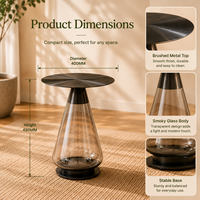 Table d'appoint ronde moderne et écologique avec plateau en acier inoxydable noir et base conique transparente fumée pour salon