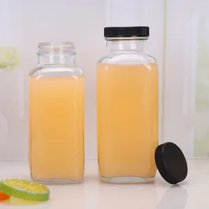Wholesale High Quality 8oz 16oz French Square Beverage Juice Glass Bottles Packaging For Beverage With Plastic Screw Cap