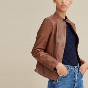 Chaqueta de cuero de vaca con cremallera para mujer, cazadora larga ajustada de cuero de vaca, Color marrón Real, último diseño, 100% - Product Image 5