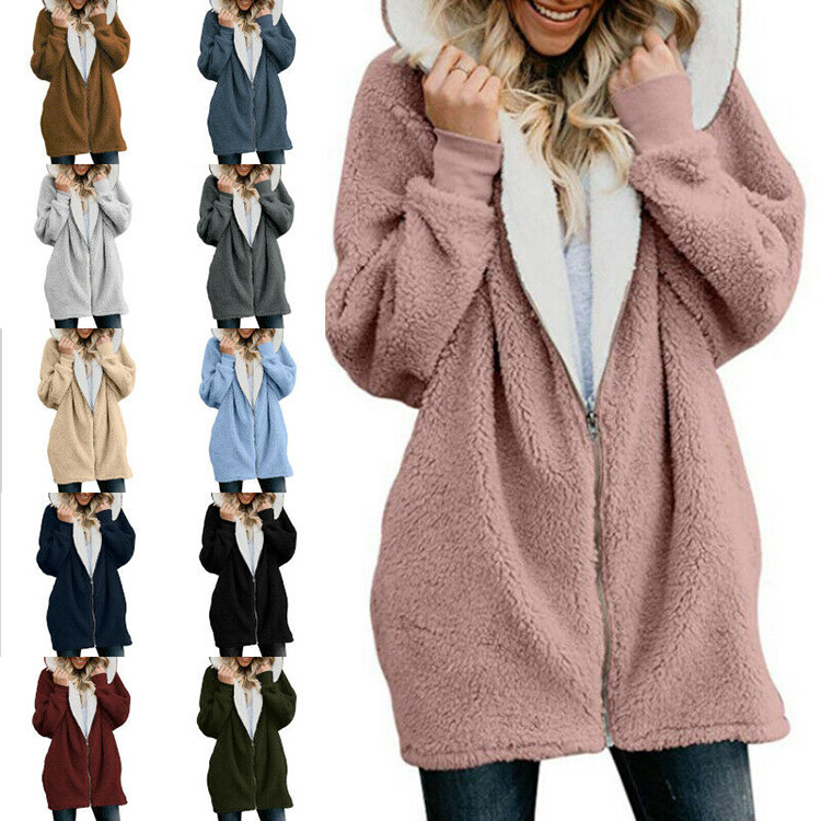 Winter Autumn Warm Fleece Coat Teddy Bear Warm Fluffy Women Hooded Coat Parka Ladies Zip Up Long Hoodie Jacket