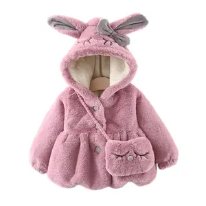 Casaco de bebê de pele falsa, feminino, para outono e inverno, de pelúcia, roupas de bebê menina, princesa, bonito, orelhas de coelho, casacos para meninas com bolsa 2 pçs/set