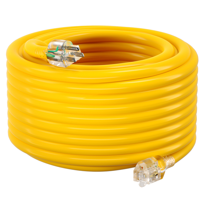 125V 100 ft USA 5-15P to 5-15R ETL Yellow 12/3 Industrial Extension Cord with Lighted SJTW Wire Type Power Cords Extension Cords