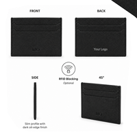 Porte-cartes en cuir noir minimaliste avec texture Saffiano, design géométrique à fentes et emplacements horizontaux pour cartes OEM