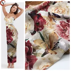 High-end poliéster personalizado impresso grandes florais chiffon jacquard hijab tecido para as mulheres moda vestido tecido