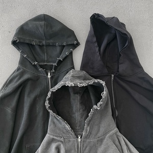 Designer Custom Streetwear Washed <b>Hoodies</b> Mens Blank <b>Black</b> 450gsm French Terry Vintage Distressed Acid Wash <b>Zip</b> Hoodie Men Print - Product Image 1