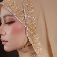 Foulard Hijab en Chiffon Brodé de Perles, Écharpes et Châles Ethniques pour Femmes Musulmanes, Couleur Unie, Vente en Gros