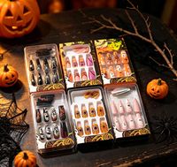 12 Pièces – Offre Spéciale – Faux Ongles Artificiels – Motif Fantôme de Dessin Animé – French Almond Rond – Ongles à Presser pour Décoration d'Ongles d'Halloween