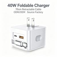 Chargeur rapide GaN HNT OEM 40W avec câble de charge rétractable 3 en 1 intégré de 70 cm, chargeur mural pour iPhone 15 16 Samsung Mobile Phone