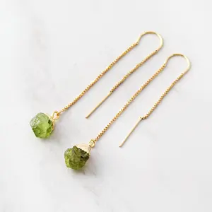 Hypoallergenic Rough Peridot Red Garnet Dainty Ear Thread Women Raw Crystal Birthstone Threader Earrings