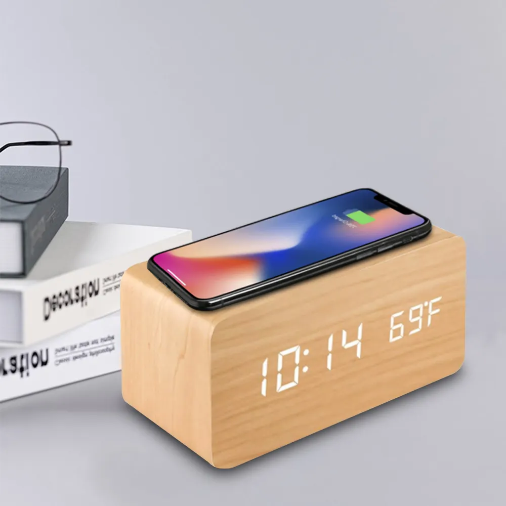 Modern Wooden Digital Led Desk Alarm Clock Thermometer Charger With Wireless Charging Pad Smart Alarm Clock