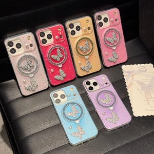เคสโทรศัพท์มือถือแบบมีวงแหวนแม่เหล็กติดเพชรลายผีเสื้อวิบวับ วัสดุ TPU+PC รองรับการชาร์จไร้สาย สำหรับรุ่น 17 16 15 14 13 <span class=keywords><strong>Pro</strong></span> <span class=keywords><strong>Max</strong></span> - Product Image 4