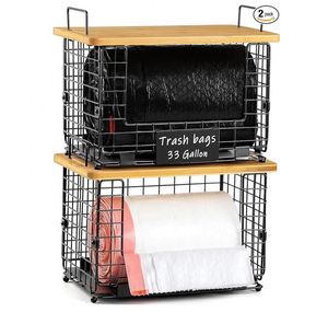 2 Pack <b>Storage</b> Stackable <b>Kitchen</b> Organizers with Bamboo Top Wall Mount Large Trash Bag Holder and Standard Garbage Bag Dispenser - Product Image 1