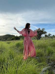 Tie Dye Pink Printed Chiffon Maxi <b>Dress</b> With Belt <b>Loose</b> V-Neck Long Sleeve Boho Style Summer Casual Wear For Women - Product Image 2