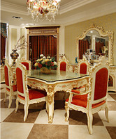 Buffet de style rococo français de luxe avec feuille d'or, ange, table de buffet / Armoire de salle à manger royale classique en bois sculpté et peint à la main