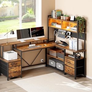 Large Gaming <strong>Desk</strong> Corner Storage Shelves Monitor Stand Home Office <strong>Rustic</strong> Brown L Shaped Computer <strong>Desk</strong> with Drawers - Product Image 1
