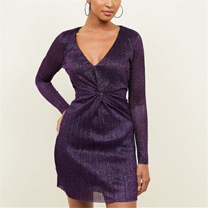 Slim Fit largo mangas púrpura brillo giro frente Mini vestido - Product Image 1