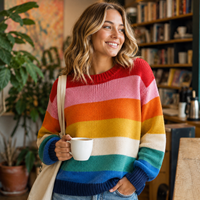 Pull en tricot rayé arc-en-ciel personnalisé pour femme, col rond, manches longues, coupe ample, vêtements décontractés pour femmes, OEM ODM