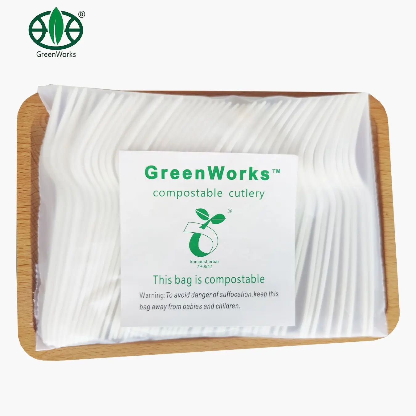 GreenWorkscplaプラスチック環境にやさしい白いリサイクル可能な使い捨てカトラリーテイスティングプラスチックフルーツピックフォーク