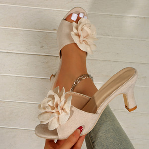 Elegant Fabric Flower Decoration Mule Slippers Peep Toe Mid <b>Block</b> Heel Women Dating Daily Footwear - Product Image 2