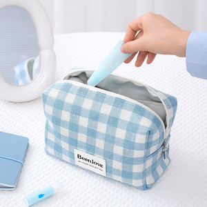 Beenlove Makeup Bag Blue Checkered Portable Travel Toiletry Case Cosmetic Storage Pouch - Product Image 1