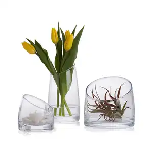 热销3套手工制作的透明水晶斜纹玻璃花瓶