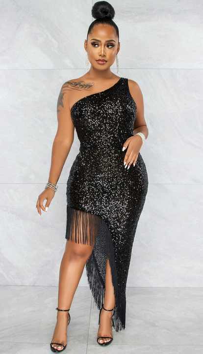 Women One Shoulder Party Dress Irregular Slit Tassel Elegant Sequined ...