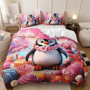 Ensemble de housse de <span class=keywords><strong>couette</strong></span> moderne en forme de <span class=keywords><strong>pingouin</strong></span> de dessin animé imprimé en 3D, 100% polyester, écologique, personnalisable, ensemble de literie pour la maison en trois pièces - Product Image 3