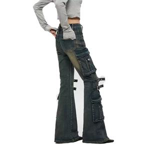 Pantalones Cargo de Algodón de Alta Calidad para Mujer, Estilo Vintage, con Múltiples Bolsillos, Vaqueros Acampanados, Pantalones de Mezclilla para Mujer - Product Image 2