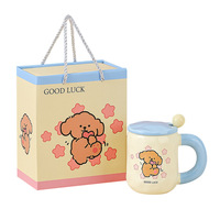 Ensemble de tasses à café et mugs en céramique à motif de dessin animé très esthétique avec inscription GOOD LUCK, compatibles micro-ondes, coffret cadeau d'entreprise pour anniversaire ; Vente en gros